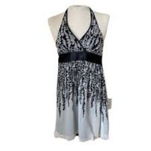 EXPRESS M Silk Lined White/Black Floral Empire Waist Halter Whimsigoth Dress
